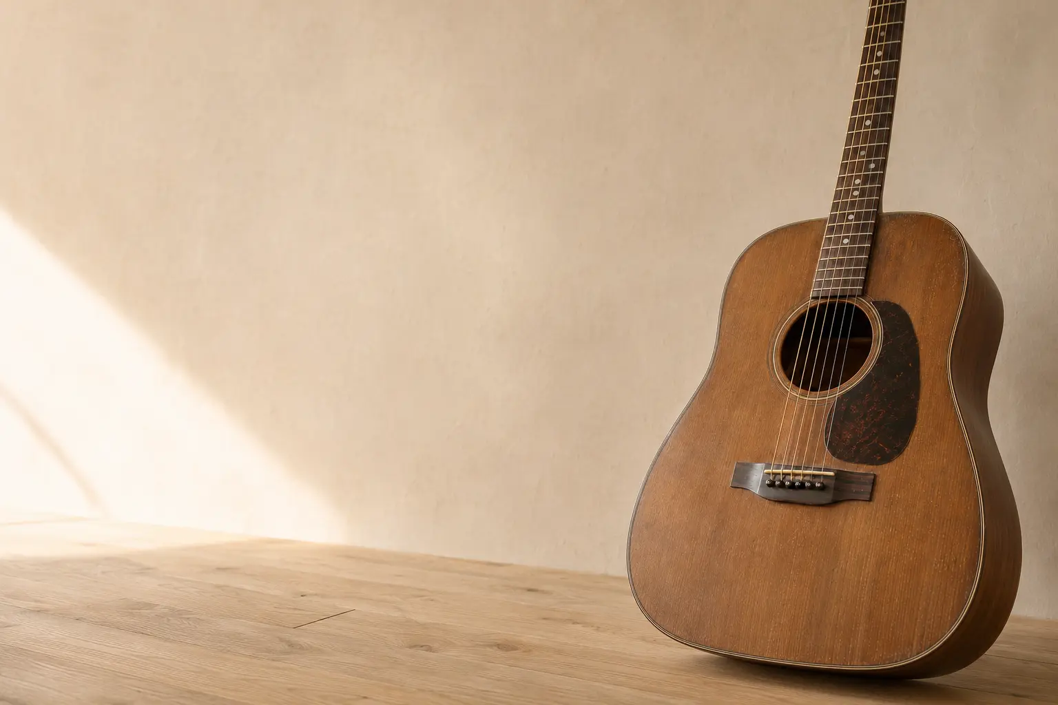 Makroaufnahme einer angeschlagenen Saite auf einer Akustikgitarre