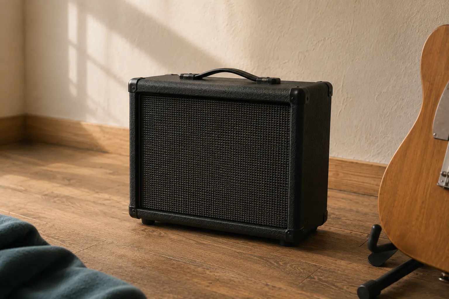 E-Gitarre, korrekt verbundene Effektpedale und Verstärker in einem hellen Unterrichtsraum